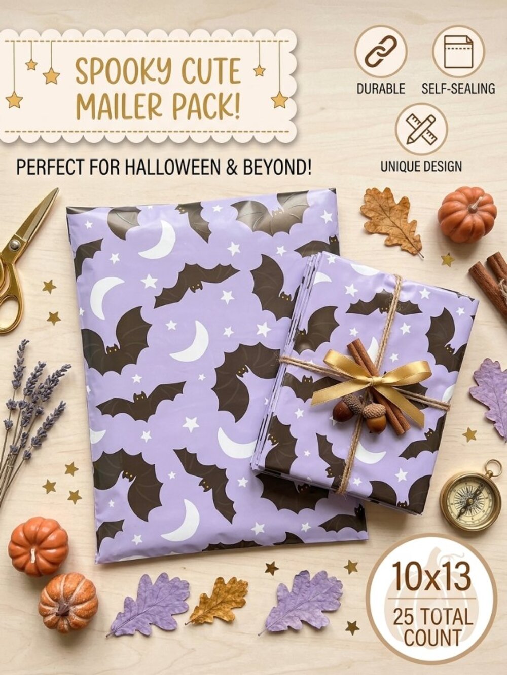 Halloween Bats Moons Poly Mailers 10x13 SmileMail Shipping Envelopes 25 Count